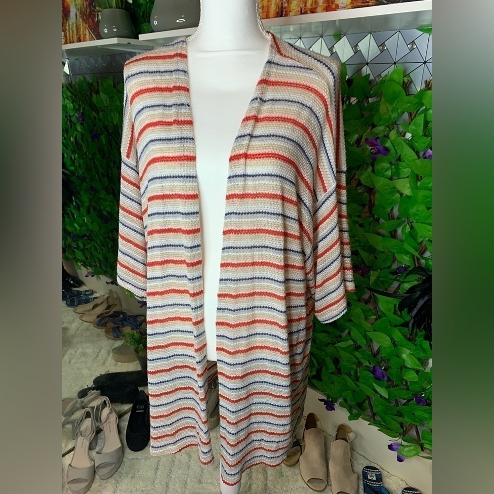 Ginger G Red Cream Striped Open Front Cardigan Women’s Large